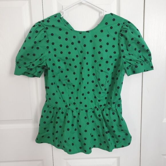 Who What Wear 100% Cotton Green Polka-dot Vintage Style Peplum Blouse Medium - Picture 1 of 4